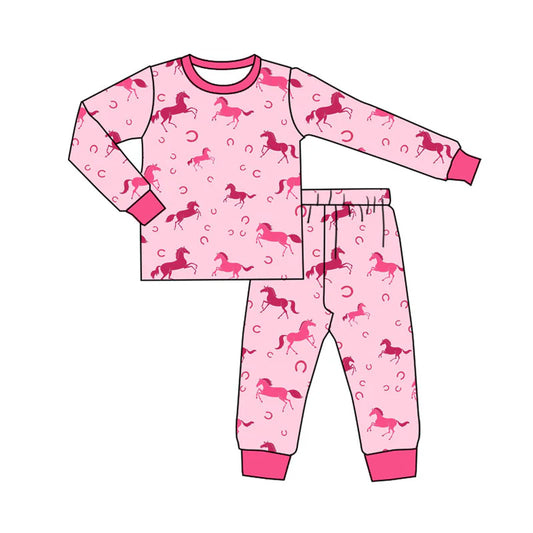 X920Preorder (moq 5)Baby Girls Pink Horse Shoes Top Pants Western Pajamas Set