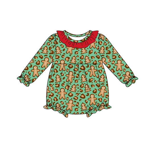 8.6Preorder(moq 5)Baby Infant Girls Green Leopard Gingerbread Ruffle Christmas Rompers