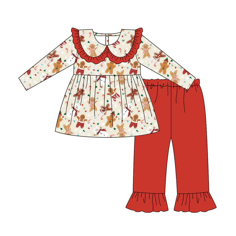 7.9Preorder (moq 5)Baby Girls Long Sleeves Gingerbread Snowman Tunic Ruffle Pant Clothes Set