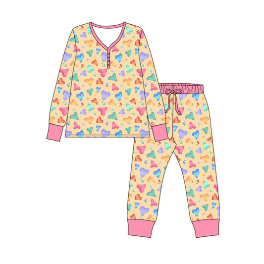 X920Preorder (moq 5)Baby Girls Colorful Hearts Leopard Button Top Pants Valentine Pajamas Sets