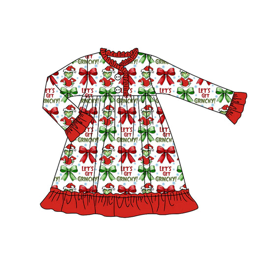 8.11Preorder (moq 5)Baby Girls Christmas Let's Go Frog Ruffle Gown Knee Length Dresses