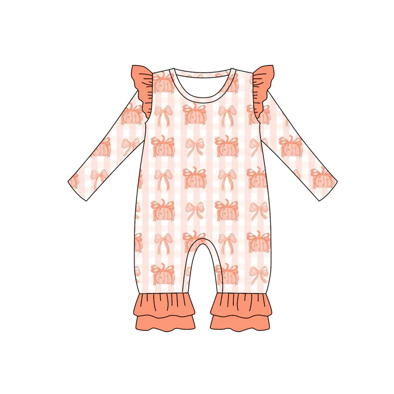 7.14Preorder (moq 5)Baby Girls Long Sleeves Peach Bows Pumpkins Plaid Ruffle Pant Romper
