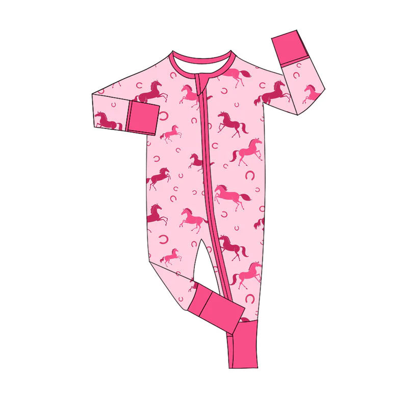 X920Preorder (moq 5)Baby Girls Pink Horse Shoes Western Zipper Footie Rompers