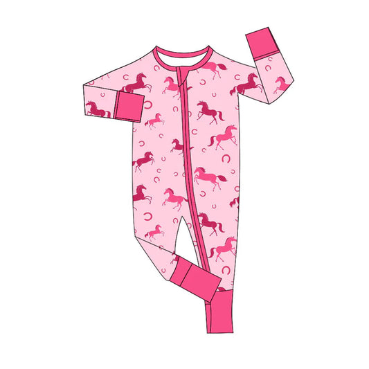 X920Preorder (moq 5)Baby Girls Pink Horse Shoes Western Zipper Footie Rompers
