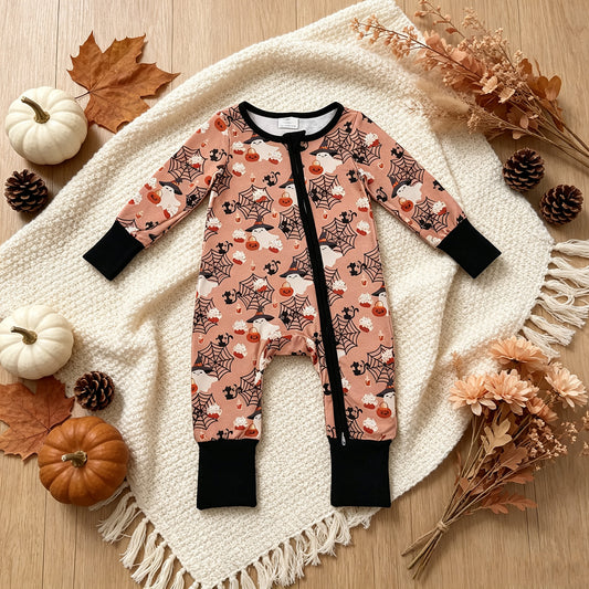 NEW RTS NO MOQ milk silk LR3250 Baby Boys Ghost Pumpkins Halloween Two Way Zip Convertible Rompers