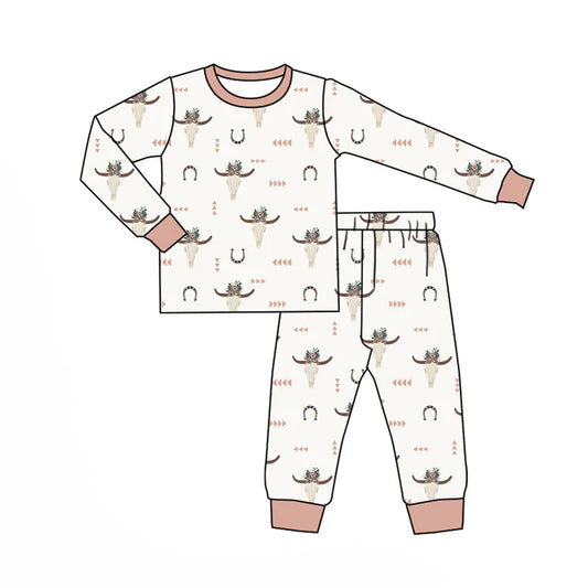 X920Preorder (moq 5)Baby Boys Flower Bull Skulls Shoes Top Pants Western Pajamas Set