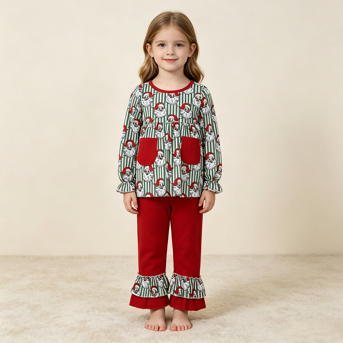 RTS NO MOQ milk silk GLP3454 Baby Girls Green Stripe Santa Pockets Tunic Ruffle Pant Christmas Clothes Set