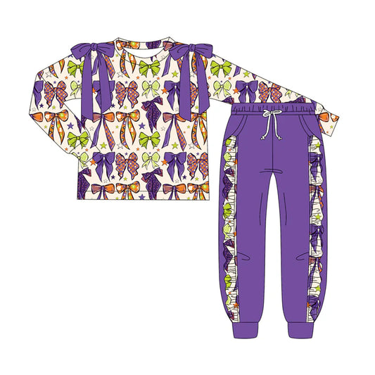 7.9Preorder (moq 5)Baby Girls Long Sleeves Purple Bows Plaid Top Pockets Pant Clothes Set