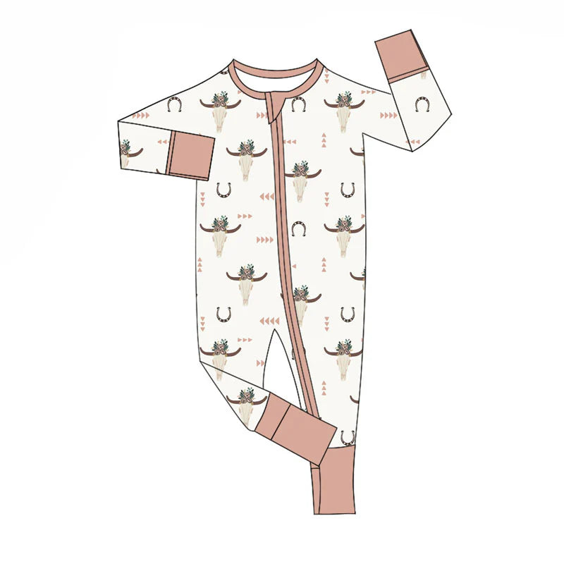X920Preorder (moq 5)Baby Boys Flower Bull Skulls Shoes Western Zipper Footie Rompers