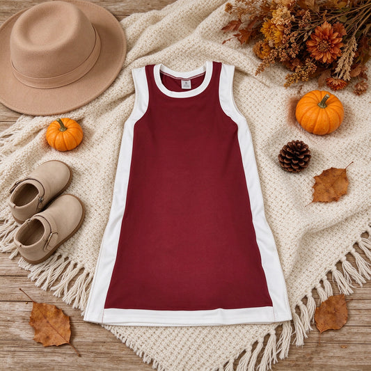 NEW RTS NO MOQ yoga fabric cotton GSD4257 Baby Girls Sleeveless White Maroon Yoga Active Knee Length Dresses