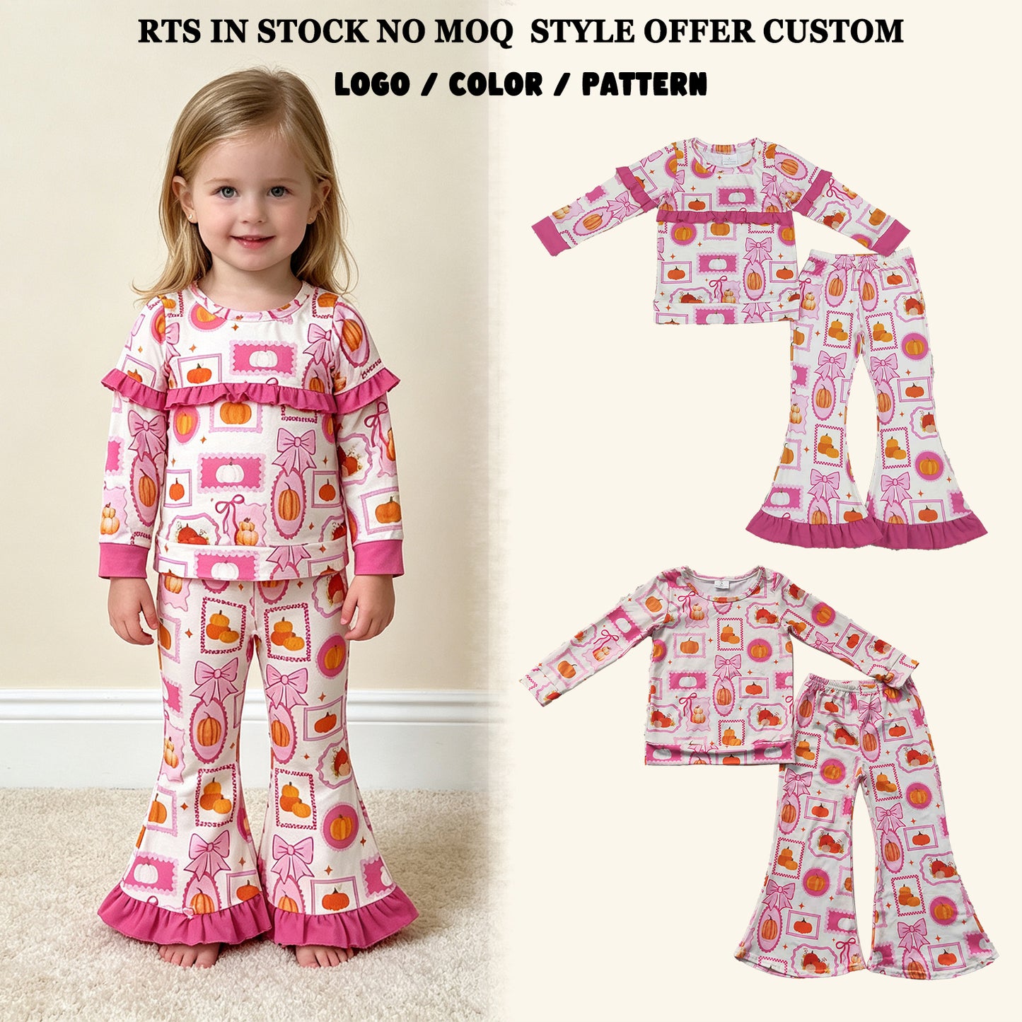 RTS NO MOQ Sibling milk silk Baby Girls Bows Pumpkins Checked Top Flare Pant Fall Clothes Sets