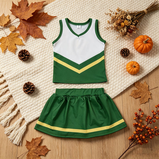 RTS NO MOQ yoga fabric GSD4238 Baby Girls Green Yellow Stripe Vest Skirt Short Yoga Active Team Clothes Set