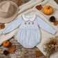 NEW RTS NO MOQ milk silk LR3136 Embroidery Santa Baby Girls Blue Stripe Christmas Ruffle Rompers