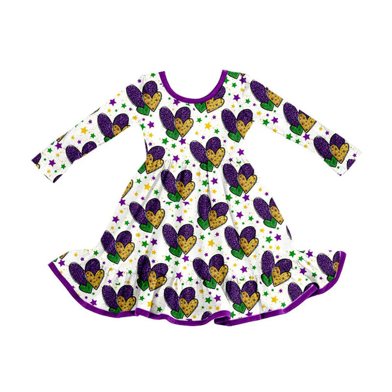 X925Preorder (moq 5)Baby Girls Purple Yellow Green Hearts Mardigras Ruffle Knee Length Dress