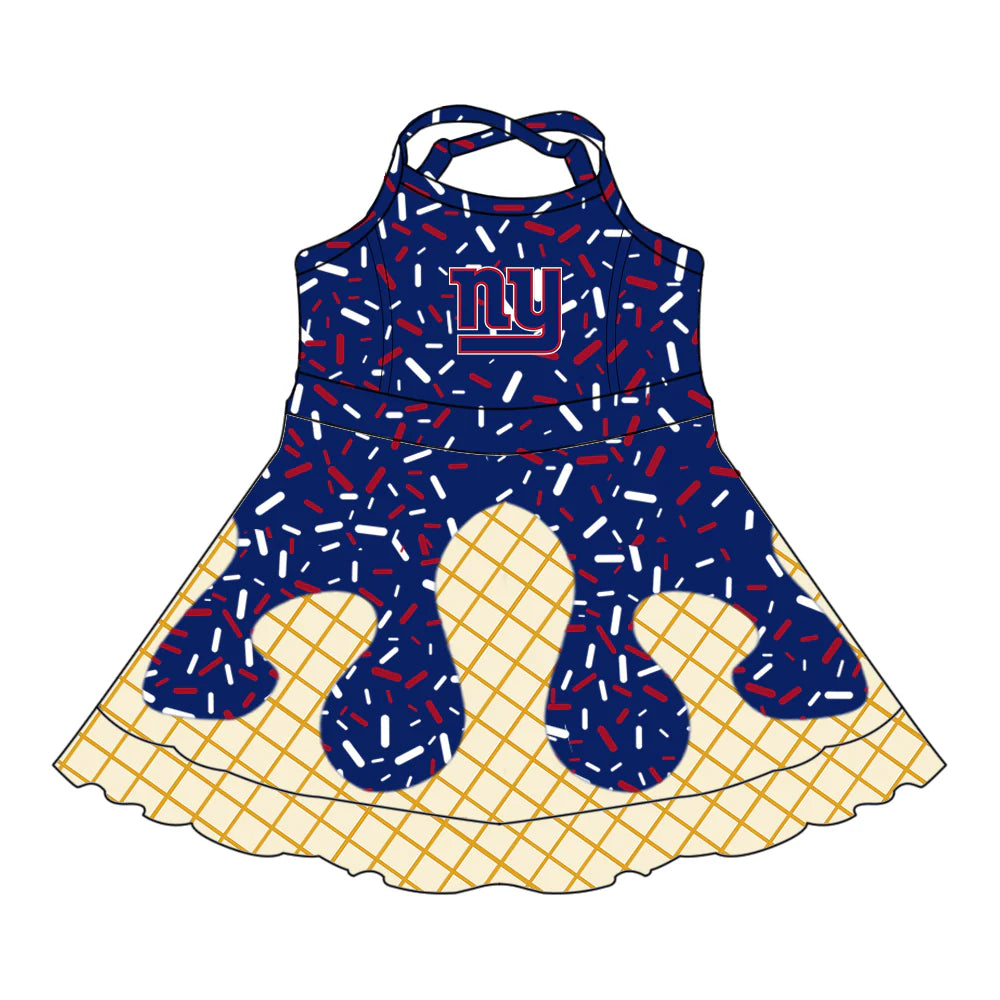 7.3Preorder (moq 5)Baby Girls Strap Drip Navy NY Shorts Ruffle Team Knee Length Dresses