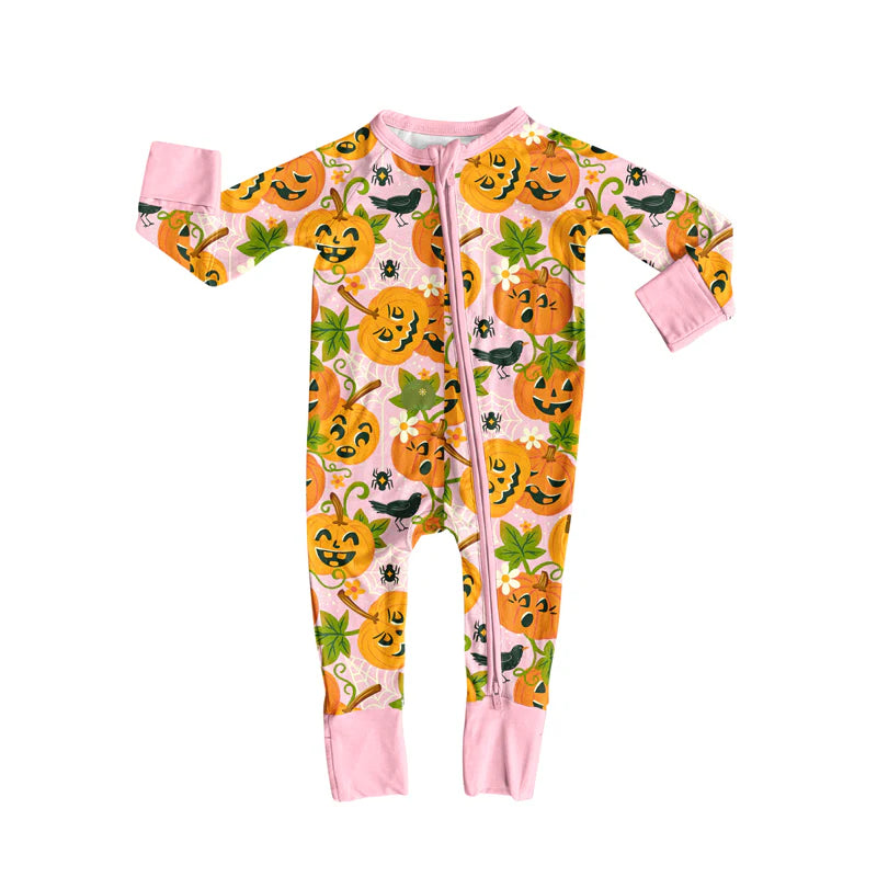 7.14Preorder (moq 5)Baby Girls Long Sleeves Pink Floral Ghost Pumpkins Plaid Zipper Romper