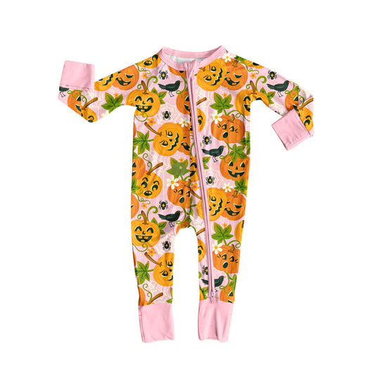 7.14Preorder (moq 5)Baby Girls Long Sleeves Pink Floral Ghost Pumpkins Plaid Zipper Romper