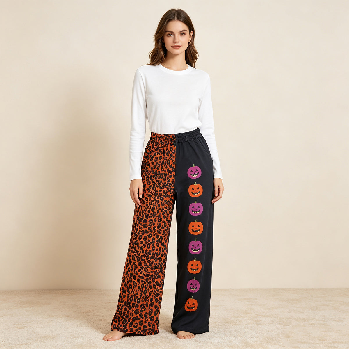 NEW RTS NO MOQ milk silk P1132 Adult Women Ghost Pumpkins Leopard Halloween Pockets Flare Pants Bottom