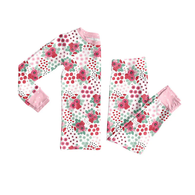 X923Preorder (moq 5)Baby Girls Long Sleeve Pink Flowers Top Pants Pajamas Sets