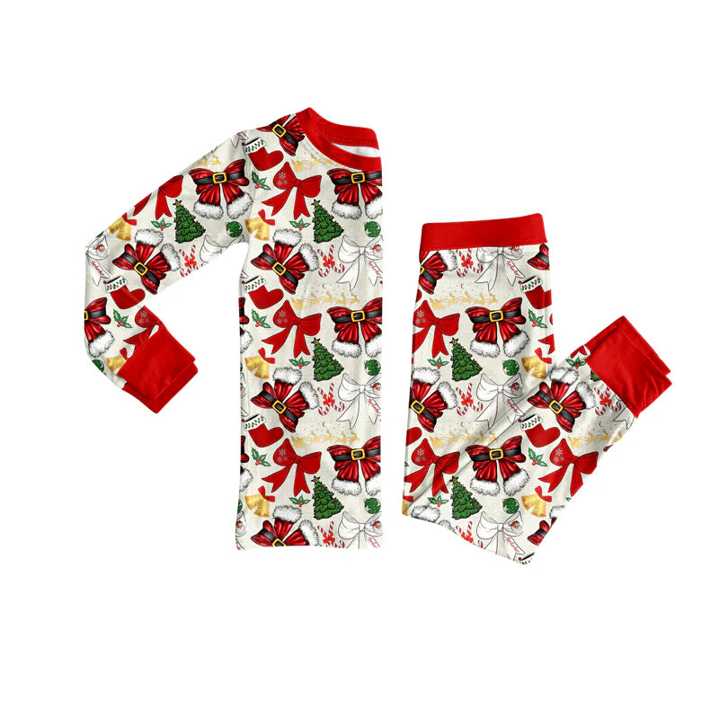 7.9Preorder (moq 5)Baby Girls Long Sleeves Red Bows Trees Top Pant Pajamas Clothes Set
