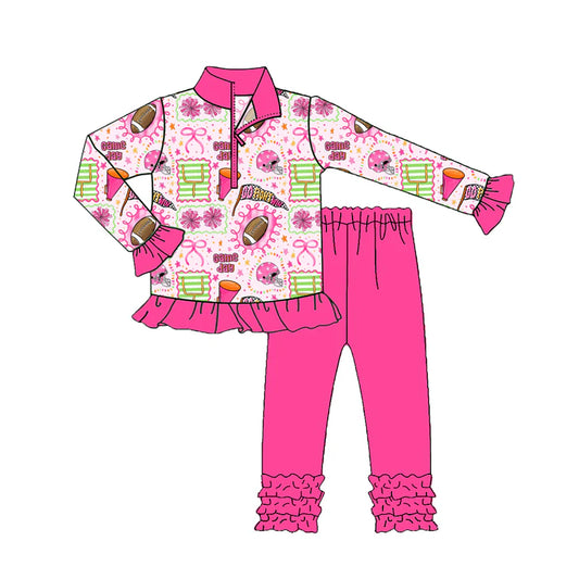7.23Preorder (moq 5)Baby Girls Long Ruffle Sleeves Cheer Footballs Zipper Top Legging Pants Set