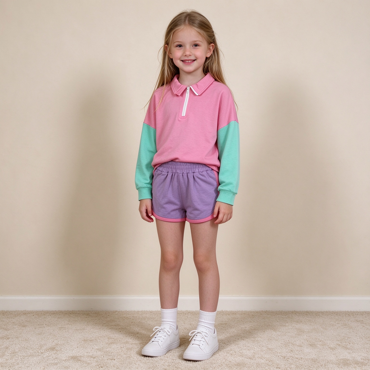 NEW RTS NO MOQ cotton GLS0193（GT1820+SS0991） Baby Girls Long Sleeve Patchwork Zip Pullovers Short Clothes Sets