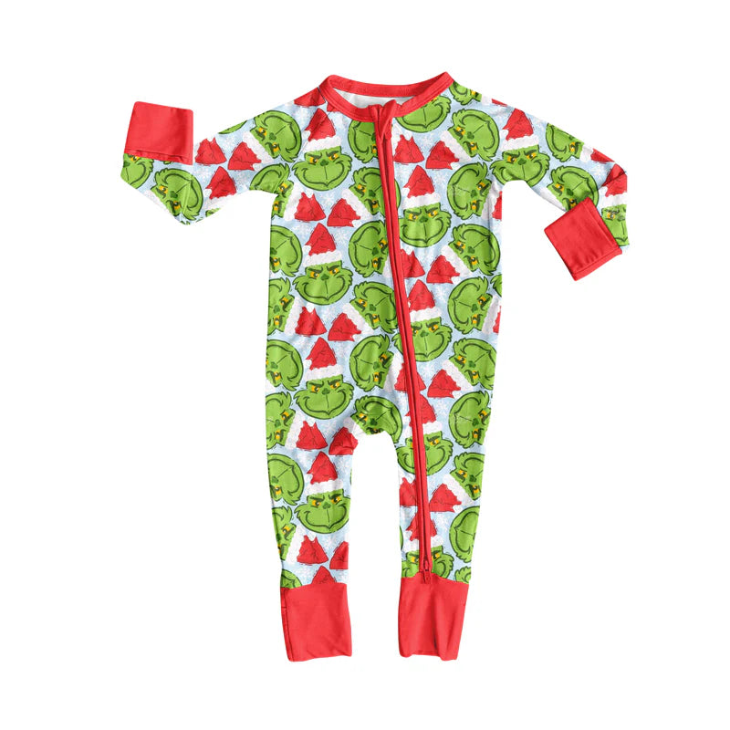 8.8Preorder(moq 5)Baby Girls Green Face Plaid Christmas Zipper Footie Rompers