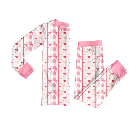 7.19Preorder (moq 5)Baby Girls Long Sleeves Pink Bows Hearts Stripes Top Pants Pajamas Set