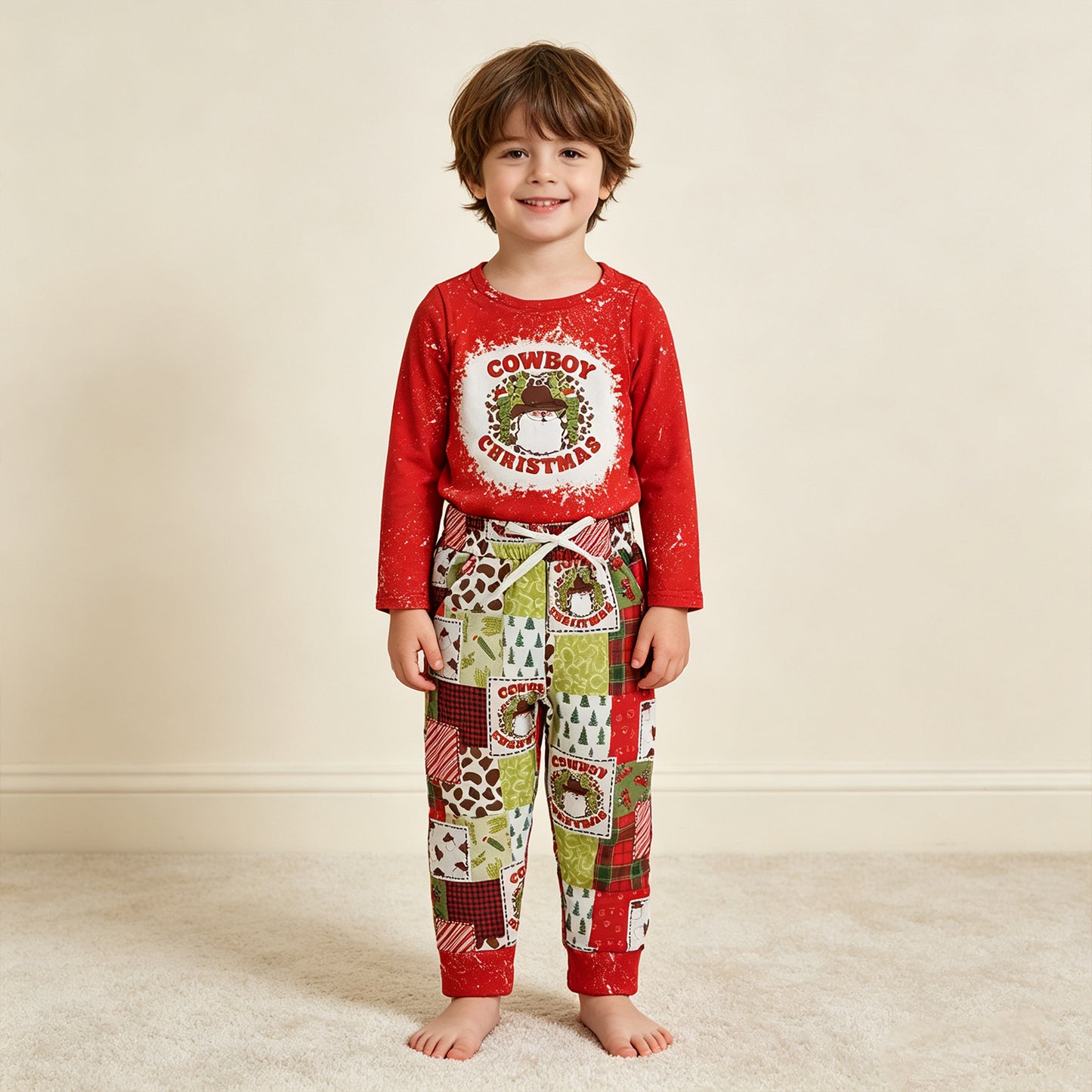 NEW RTS NO MOQ milk silk BLP0375 Baby Boys Cowboy Christmas Red Tops Pants Clothes Sets