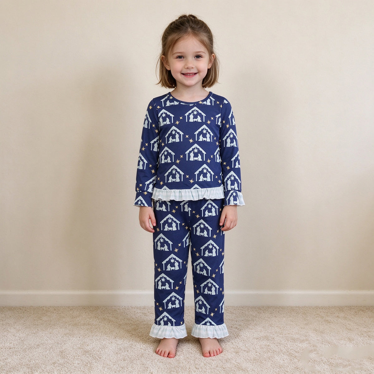 NEW RTS NO MOQ milk silk GLP3659 Baby Girls Blue Stars Nativity Top Ruffle Pant Pajamas Clothes Set