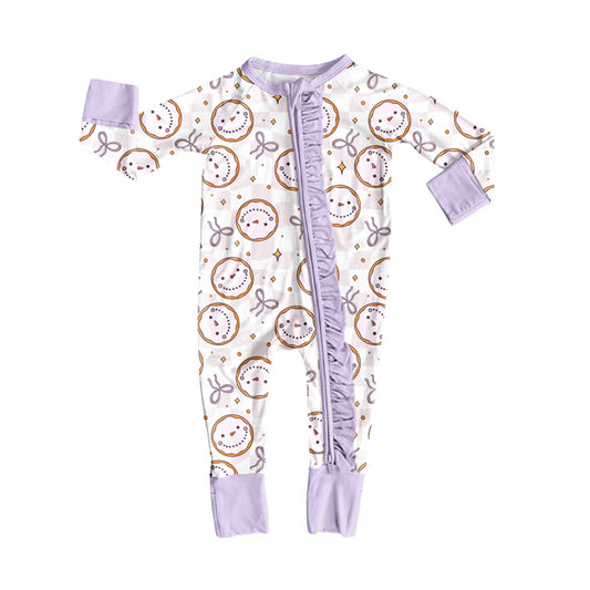 8.13Preorder(moq 5)Baby Girls Purple Smile Bows Ruffle Zipper Footie Rompers