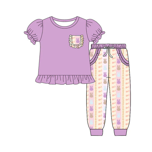 X922Preorder (moq 5)Baby Girls Rabbits Stripe Ruffle Top Pocket Jogger Pants Easter Clothes Sets