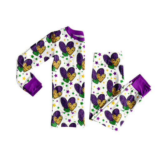 X925Preorder (moq 5)Baby Girls Purple Yellow Green Hearts Top Pants Mardigras Pajamas Sets