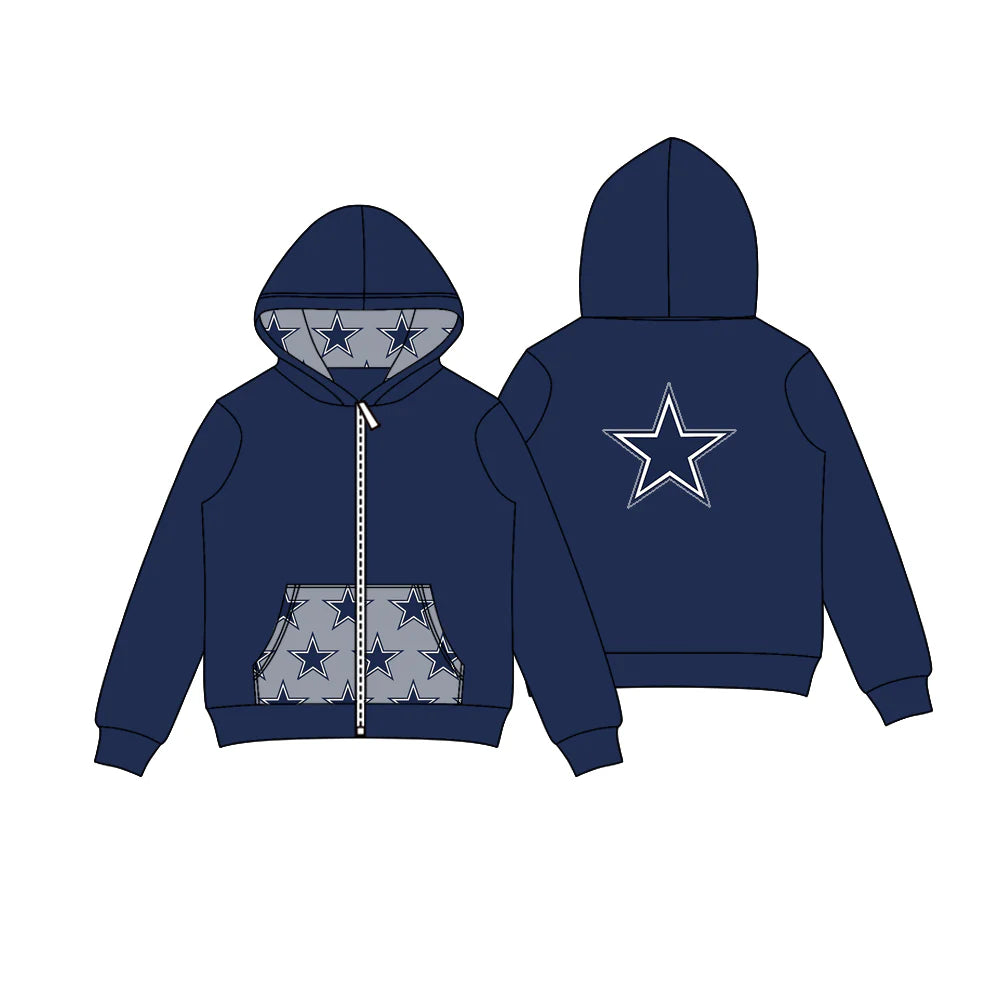 8.5Preorder (moq 5)Baby Boys Hot Blue Stars Team Pocket Zipper Hoodies Tops