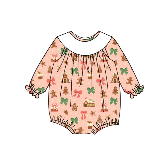 7.14Preorder (moq 5)Baby Girls Long Sleeves Bows Gingerbread Houses Plaid Ruffle Romper