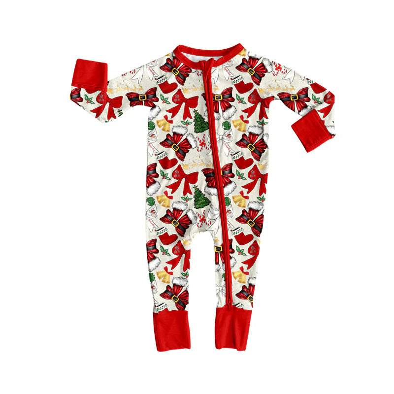 7.14Preorder (moq 5)Baby Girls Long Sleeves Red Bows Holly Trees Plaid Zipper Romper