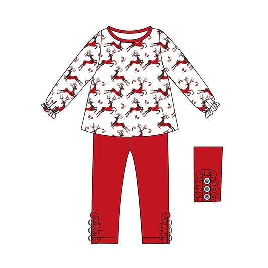 7.9Preorder (moq 5)Baby Girls Long Sleeves Holly Deer Plaid Tunic Legging Pant Clothes Set