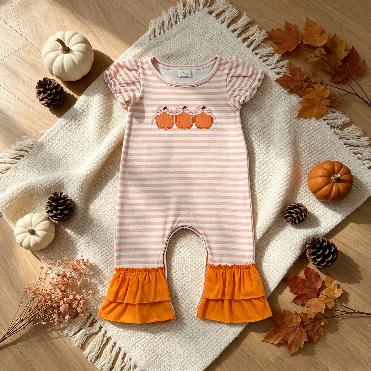 NEW RTS NO MOQ milk silk SR4284 Embroidery Bows Pumpkins Baby Girls Orange Stripe Fall Ruffle Pant Rompers