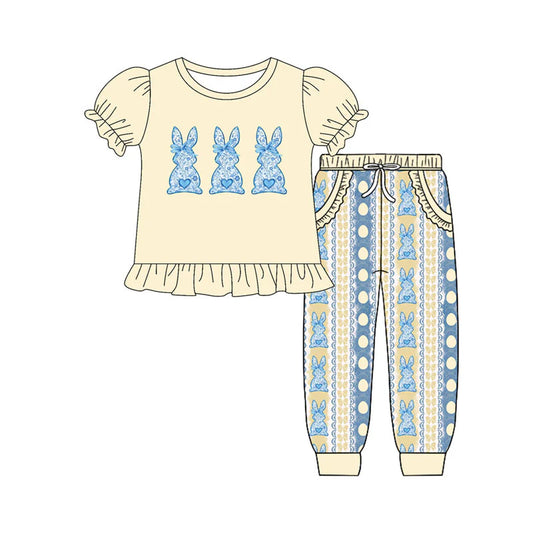 X922Preorder (moq 5)Baby Girls Floral Rabbits Eggs Stripe Ruffle Top Pocket Jogger Pants Easter Clothes Sets