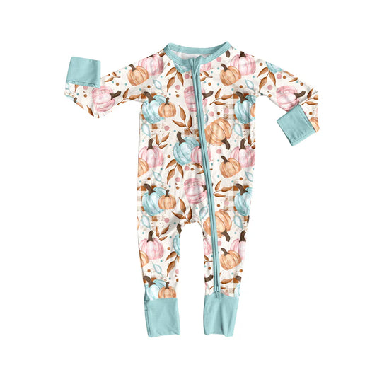 7.14Preorder (moq 5)Baby Girls Long Sleeves Colorful Pumpkins Floral Plaid Zipper Romper