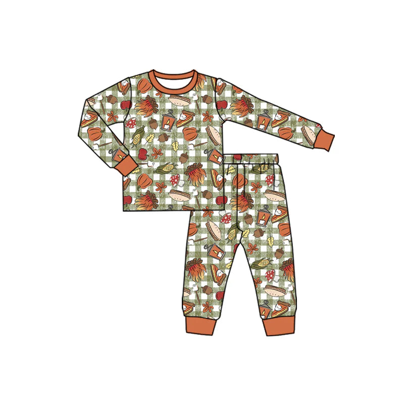 7.12PPreorder (moq 5)Baby Boys Long Sleeves Green Plaid Pie Pumpkins Top Pant Pajamas Set