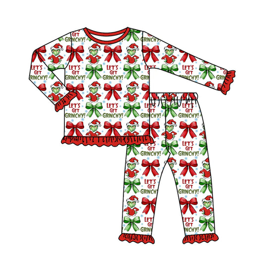 8.11Preorder(moq 5) Baby Girls Christmas Let's Go Frog Top Pants Lounge Wear Pajamas Sets