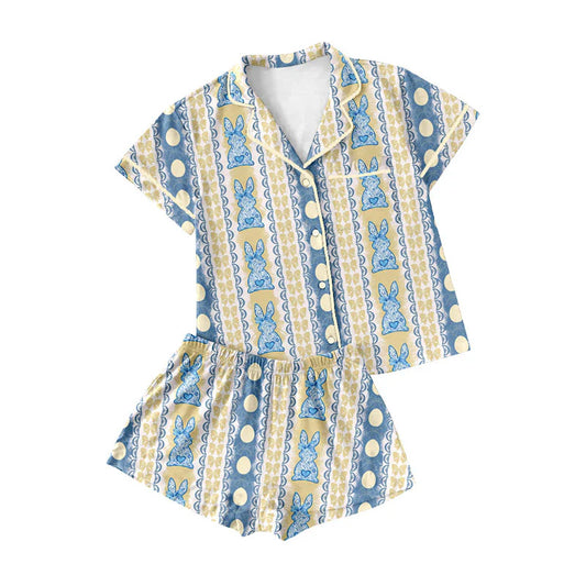 X922Preorder (moq 5)Baby Girls Floral Rabbits Eggs Stripe Button Pocket Top Shorts Easter Pajamas Sets