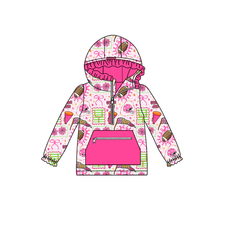 X917Preorder (moq 5)Baby Girls Long Ruffle Sleeves Bows Footballs Pocket Zipper Hoodies Top