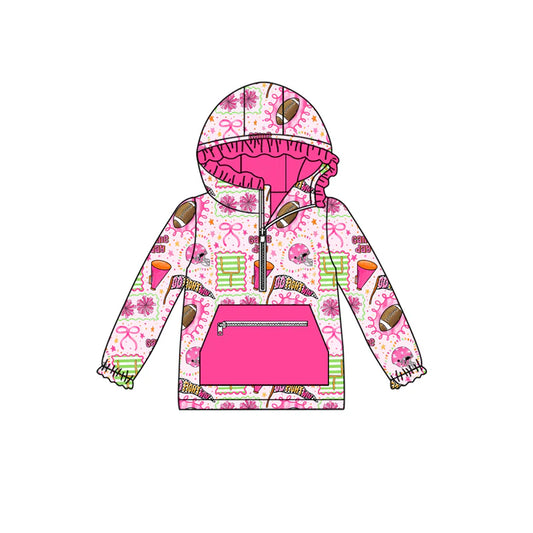 X917Preorder (moq 5)Baby Girls Long Ruffle Sleeves Bows Footballs Pocket Zipper Hoodies Top