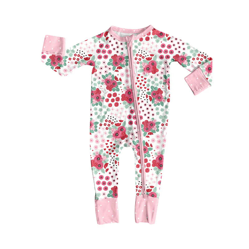 X923Preorder (moq 5)Baby Girls Long Sleeve Pink Flowers Zipper Footie Rompers