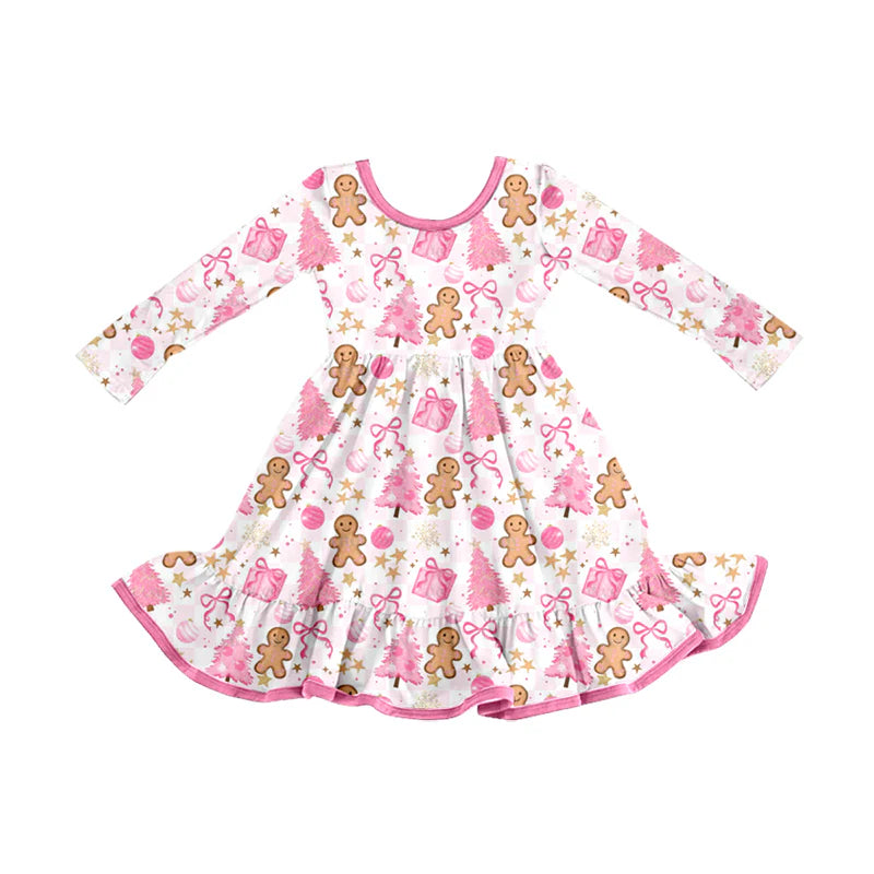 8.13Baby Girls Christmas Trees Pink Gifts Gingerbread Ruffle Knee Length Dresses