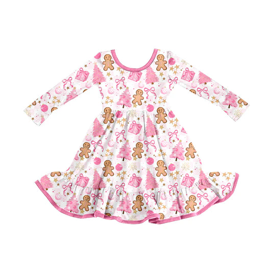 8.13Baby Girls Christmas Trees Pink Gifts Gingerbread Ruffle Knee Length Dresses