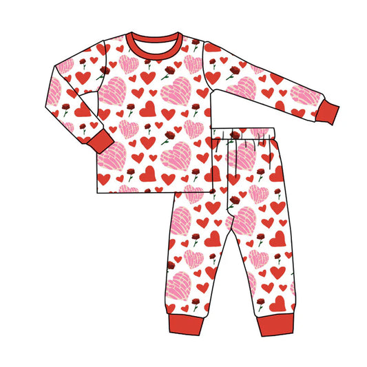 X924Preorder (moq 5)Baby Boys Red Flowers Hearts Top Pants Valentine Pajamas Sets