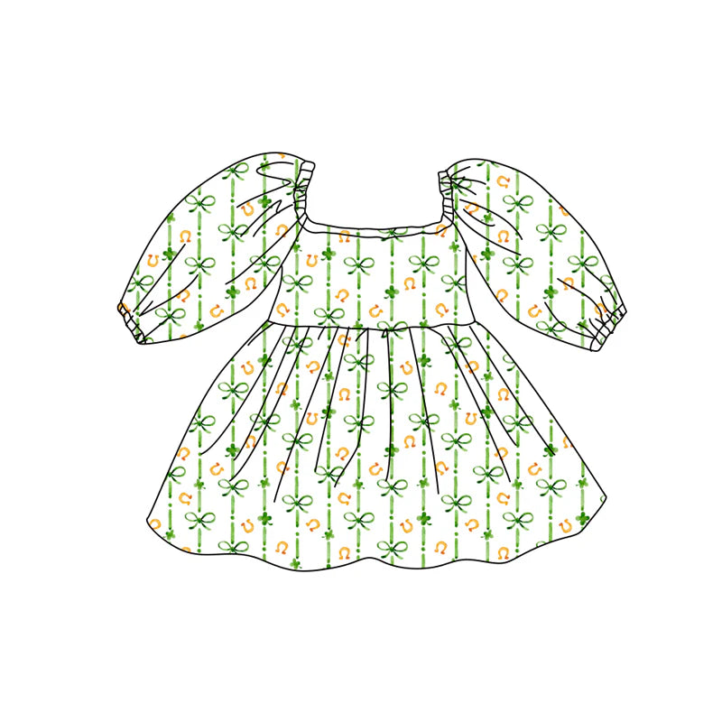 X12.16 Preorder (moq 5)Baby Girls Clovers Bows St Patrick Knee Length Dresses
